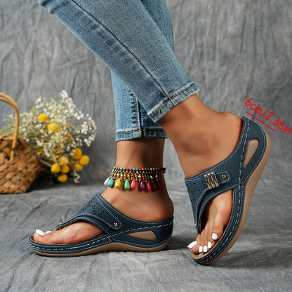 Stylish Cut-Out Thong Sandals - Soft Metallic Platform Wedge, Comfortable Beach Slides with Adjustable Straps, Vacation Essentials for Women