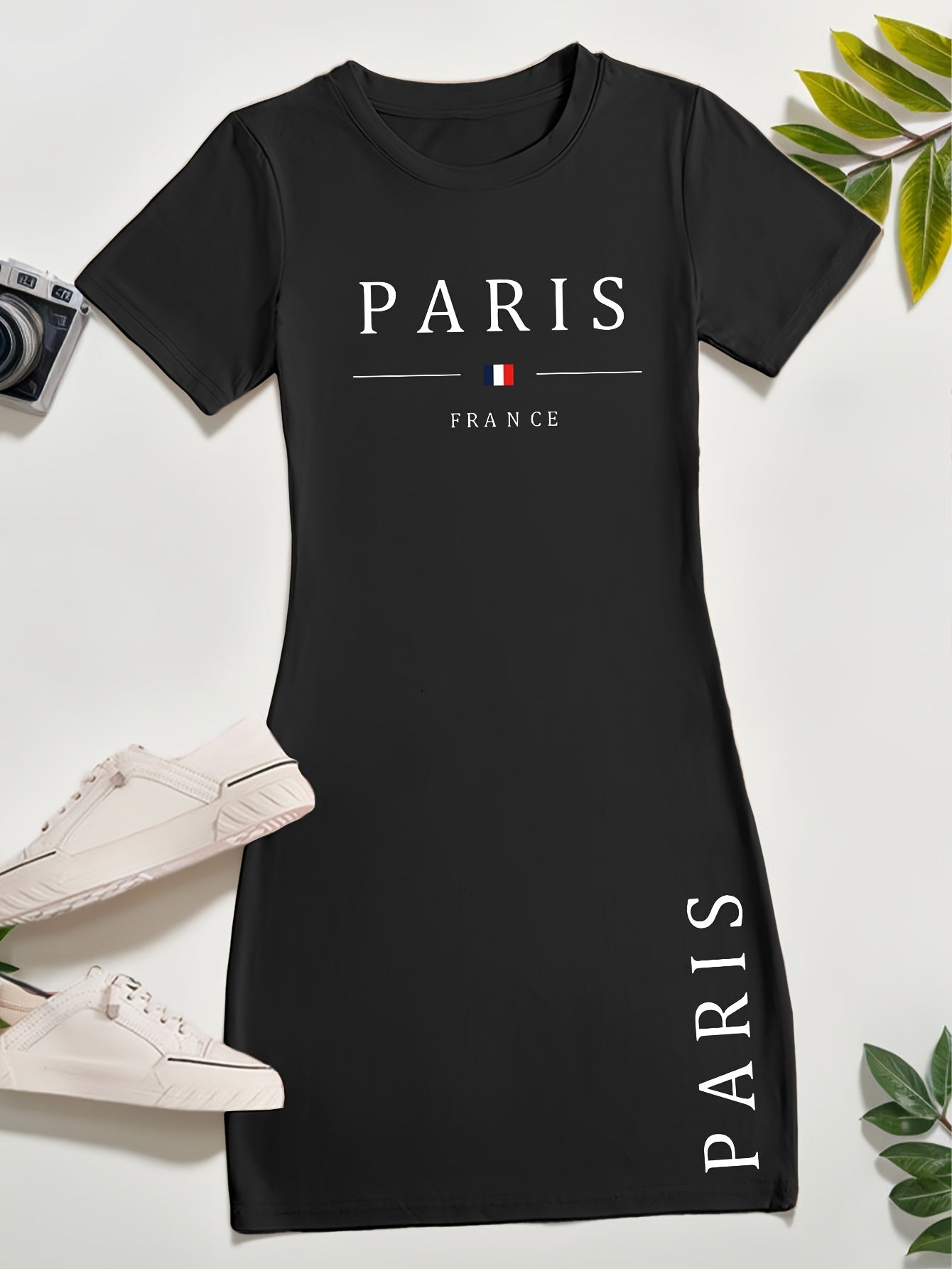 Ladies' New Spring And Summer Casual T-Shirt Dress Featuring The Words 'PARIS' And 'FRANCE' Along with a Print of The French Flag. This Short-Sleeved Dress Is Perfect for Casual Outings, Sleepwear, Loungewear, And Makes a Gre