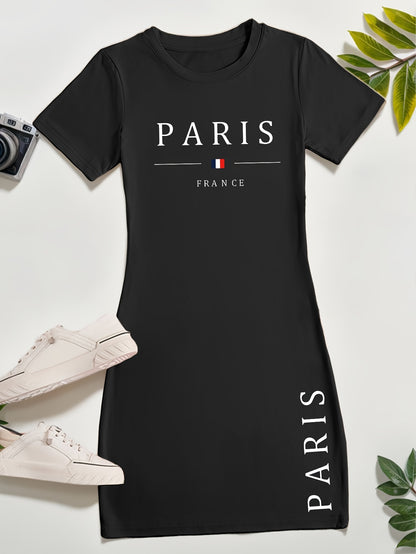 Ladies' New Spring And Summer Casual T-Shirt Dress Featuring The Words 'PARIS' And 'FRANCE' Along with a Print of The French Flag. This Short-Sleeved Dress Is Perfect for Casual Outings, Sleepwear, Loungewear, And Makes a Gre