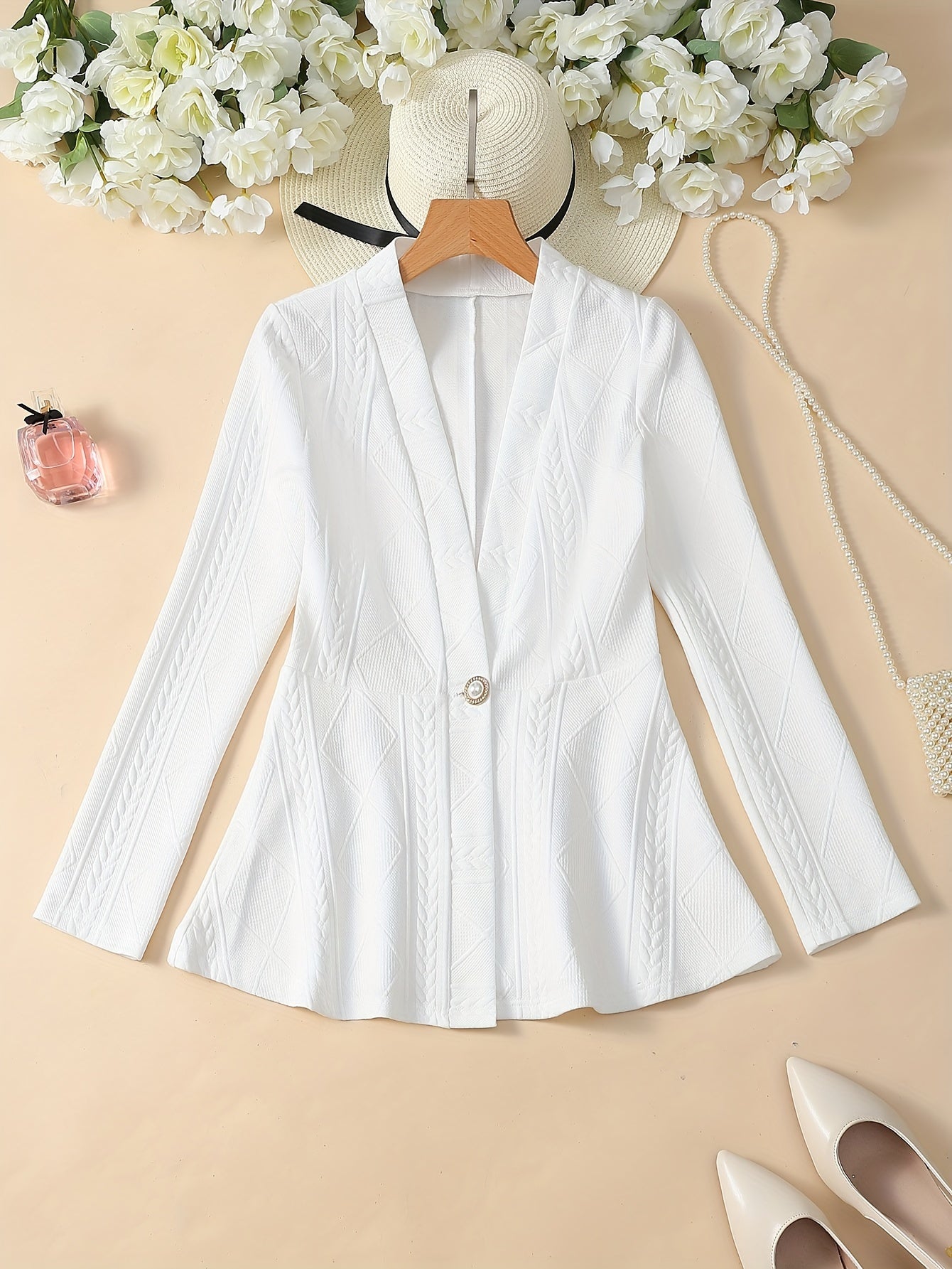 Textured Beaded Button V-neck Jacket, Elegant Long Sleeve Ruffle Hem Outwear For Spring & Fall, Women's Clothing