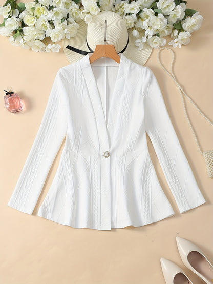 Textured Beaded Button V-neck Jacket, Elegant Long Sleeve Ruffle Hem Outwear For Spring & Fall, Women's Clothing