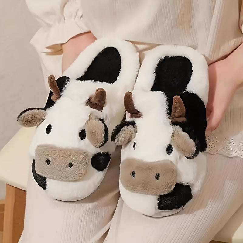 1 Pair Elegant Cartoon Cow Print Slippers for Women, Cozy Indoor House Shoes, Non-Slip TPR Sole, All-Season Warmth, Fabric Upper/Inner/Insole, Positioning Printing Design