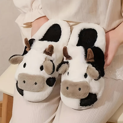1 Pair Elegant Cartoon Cow Print Slippers for Women, Cozy Indoor House Shoes, Non-Slip TPR Sole, All-Season Warmth, Fabric Upper/Inner/Insole, Positioning Printing Design