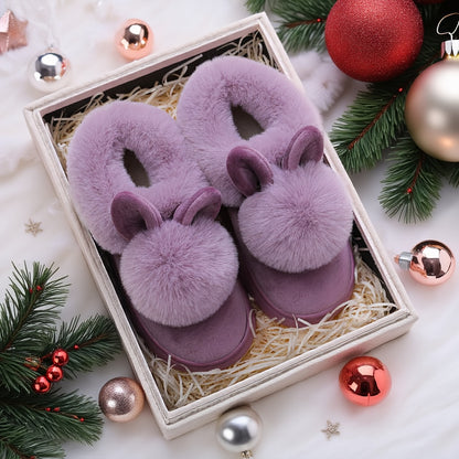 2025 Couples Slippers for Women & Men - Winter Warm Single Ball Design with Cute Rabbit-Ear Accents | Thick Sole Soft-Sole House Shoes | Cozy Solid-Color Indoor/Outdoor Slides | Lightweight Quiet Home Footwear