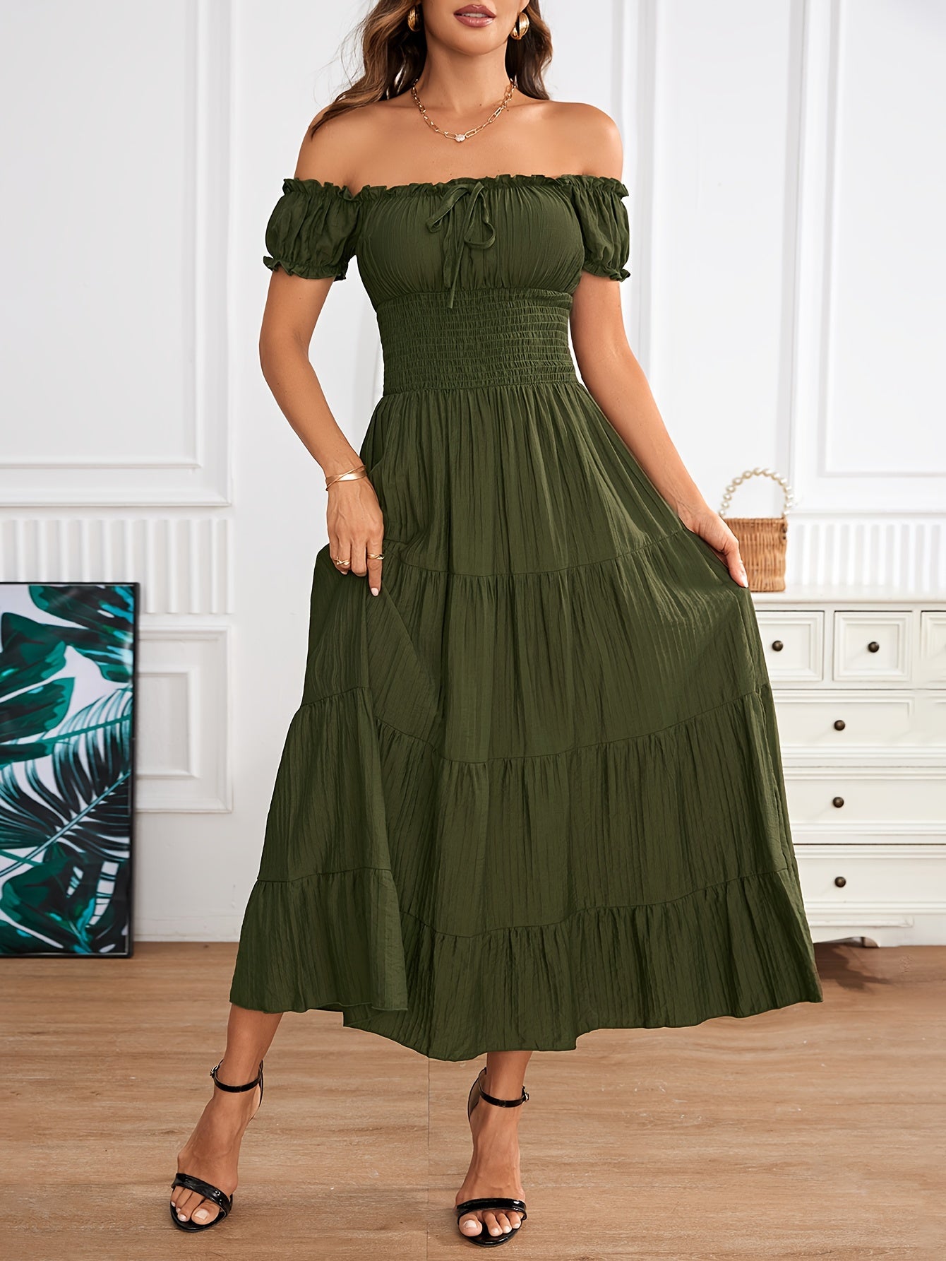 Off Shoulder Shirred Waist Dress, Elegant Aline Smocked Maxi Dress For Spring & Summer, Women's Clothing