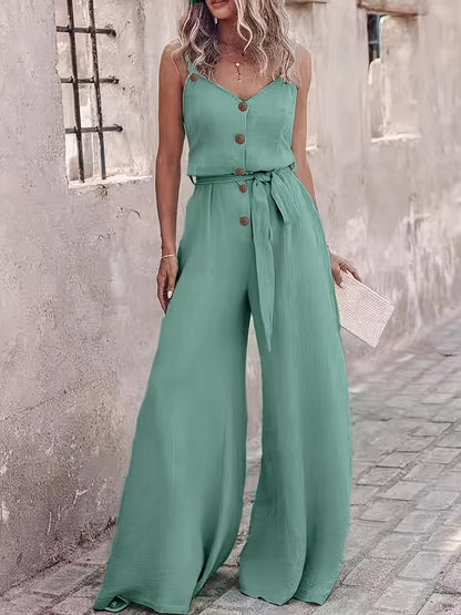 Women's Elegant Olive Green V-Neck Button-Front Jumpsuit with Adjustable Waist Tie & Wide-Leg Design - Loose Fit Casual to Dressy All-Season Machine Washable Romper NS702