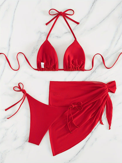 Women's 3pcs High-Elasticity Halter Neck Bikini Set with Beach Skirt - Vibrant Red Triangle Tie Front Bikini, Full Coverage Swimsuit & Adjustable Back Skirt, Machine Washable Summer Pool & Vacation Outfit