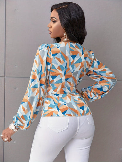 Geo Printed Belted Blouse, Elegant Long Sleeve V Neck Blouse For Spring, Women's Clothing