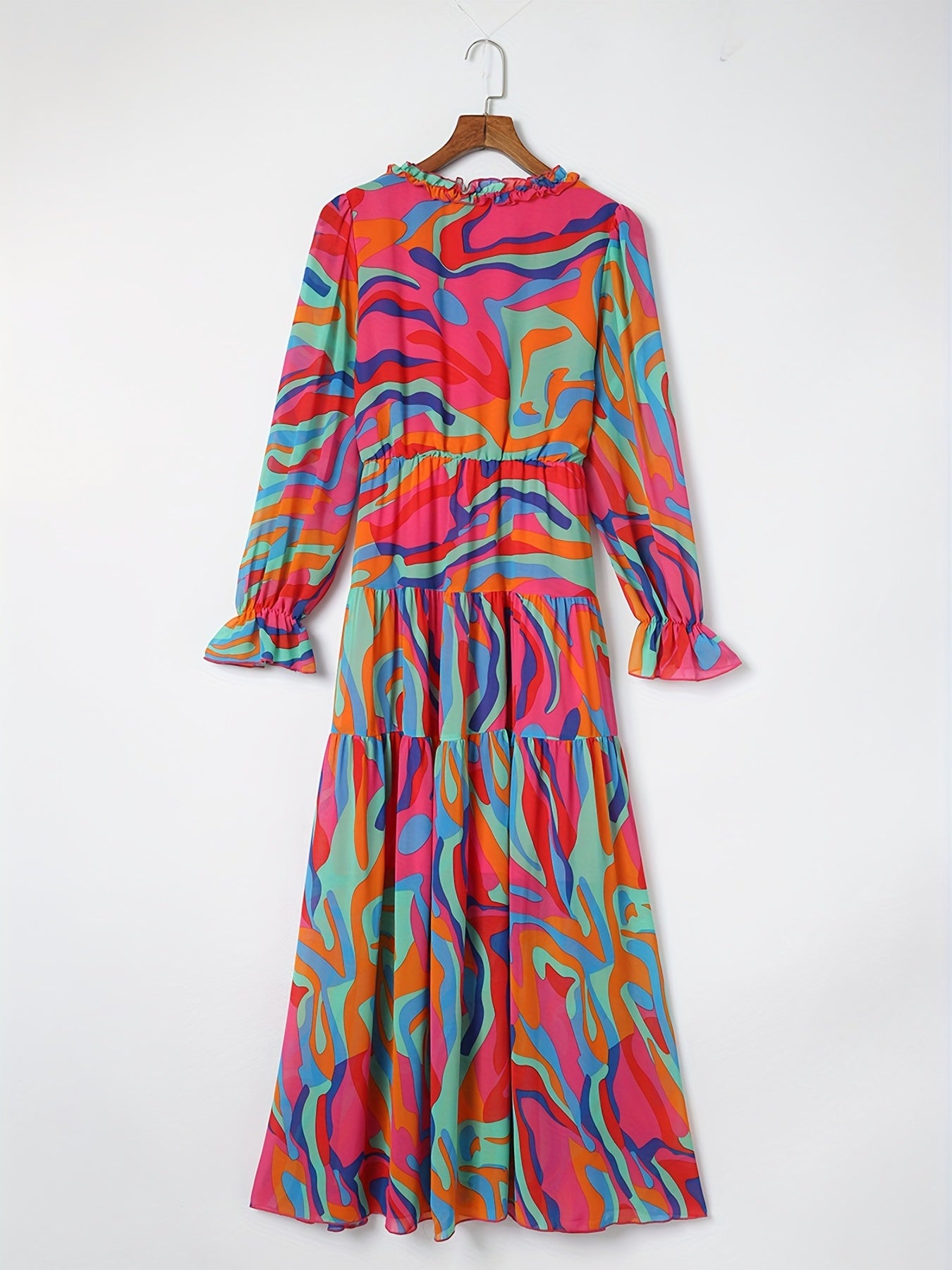 Lightweight Chiffon Floral Maxi Dress for Women - V-Neck, Long Sleeve, Layered Ruffle Hem, Bell-Bottom Maxi with Adjustable Waist Cincher, Perfect for Spring/Summer/Fall Vacations, Vacation Dress | Flowing Maxi Dress | Flowin