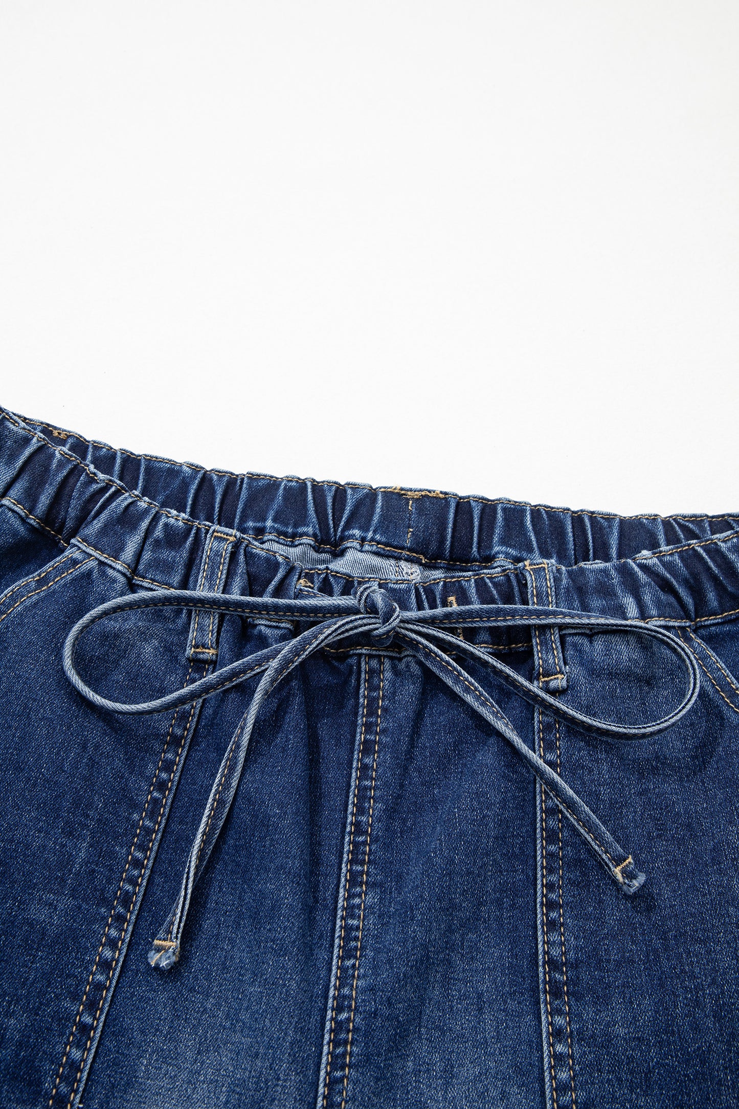 Prussian Blue Drawstring Seam Detail Raw Hem Wide Leg Denim Pants