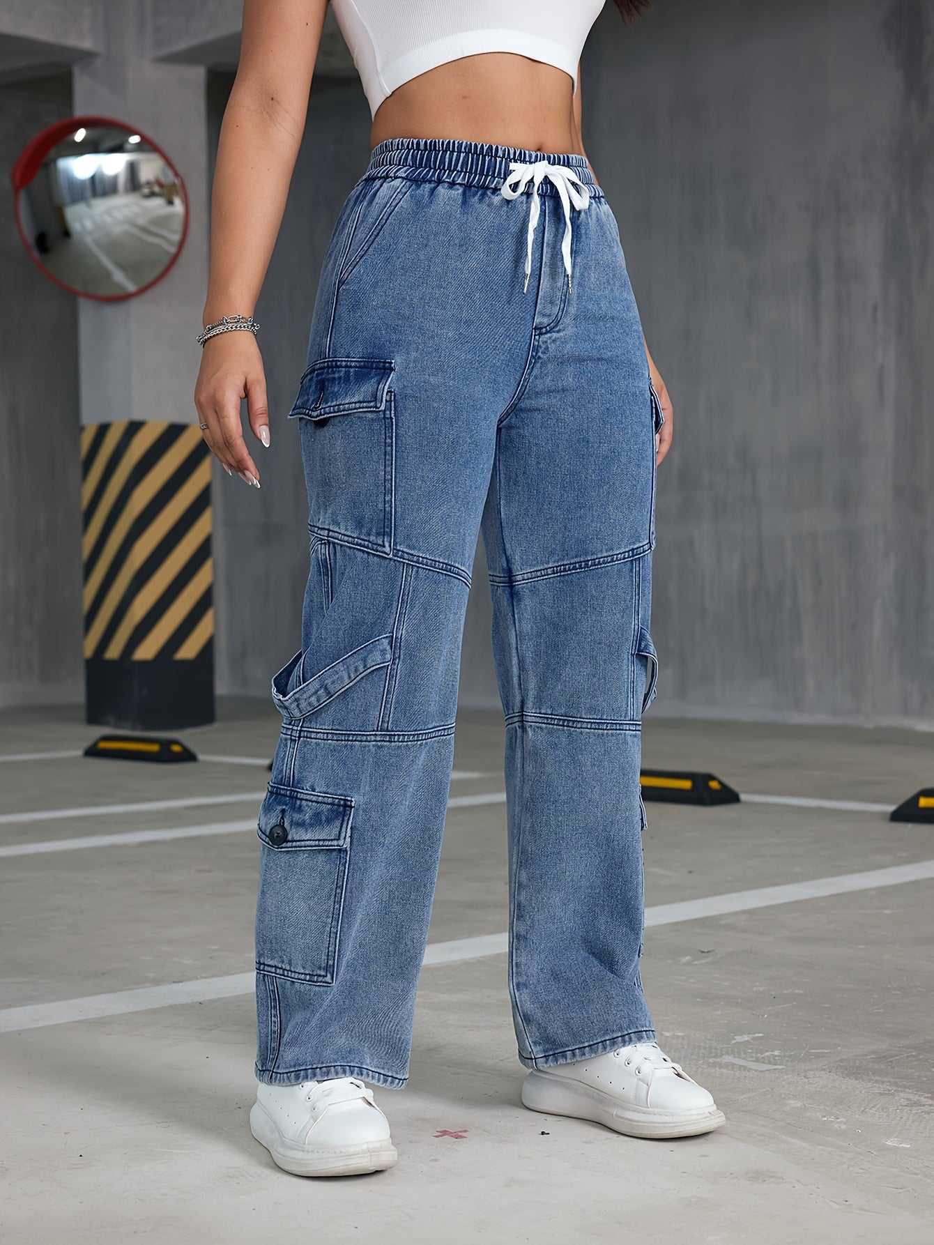 Flap Pockets Boyfriend Cargo Pants, Loose Fit Drawstring Elastic Waist Straight Jeans, Women's Denim Jeans & Clothing