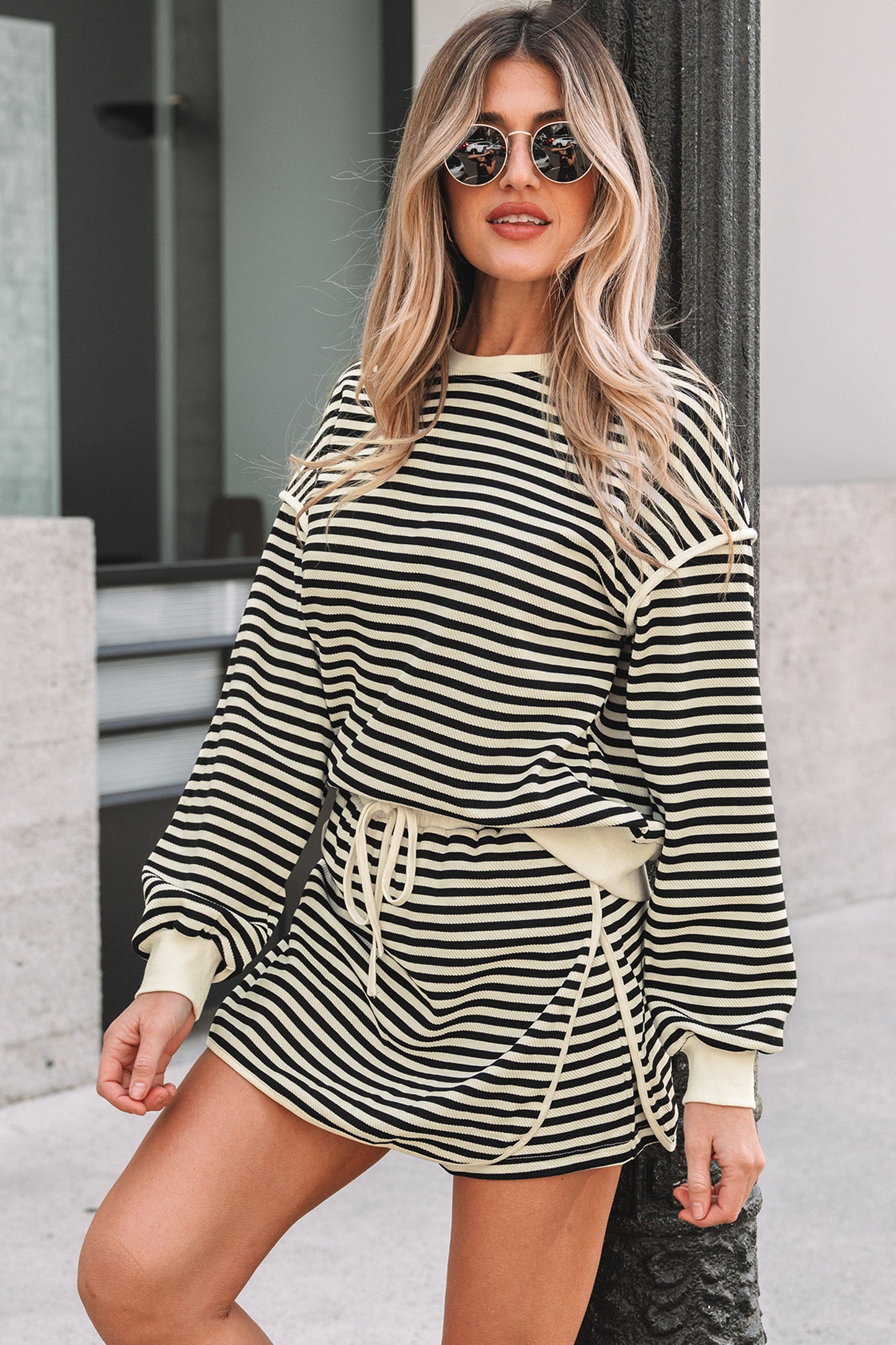 Black Stripe Textured Drop Shoulder Pullover Top Drawstring Mini Skirt Two Piece Dress Set