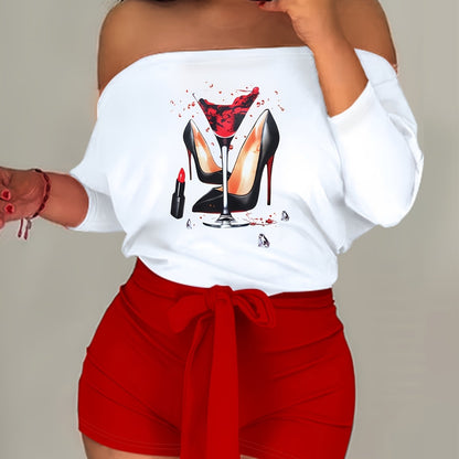 Women'S Off-Shoulder Rose Print Jumpsuit, Polyester Knit Fabric, 97% Polyester 3% Elastane, All-Season Short Romper with Tie Waist, Cartoon Pattern, 180g/m² - Adult Fashion