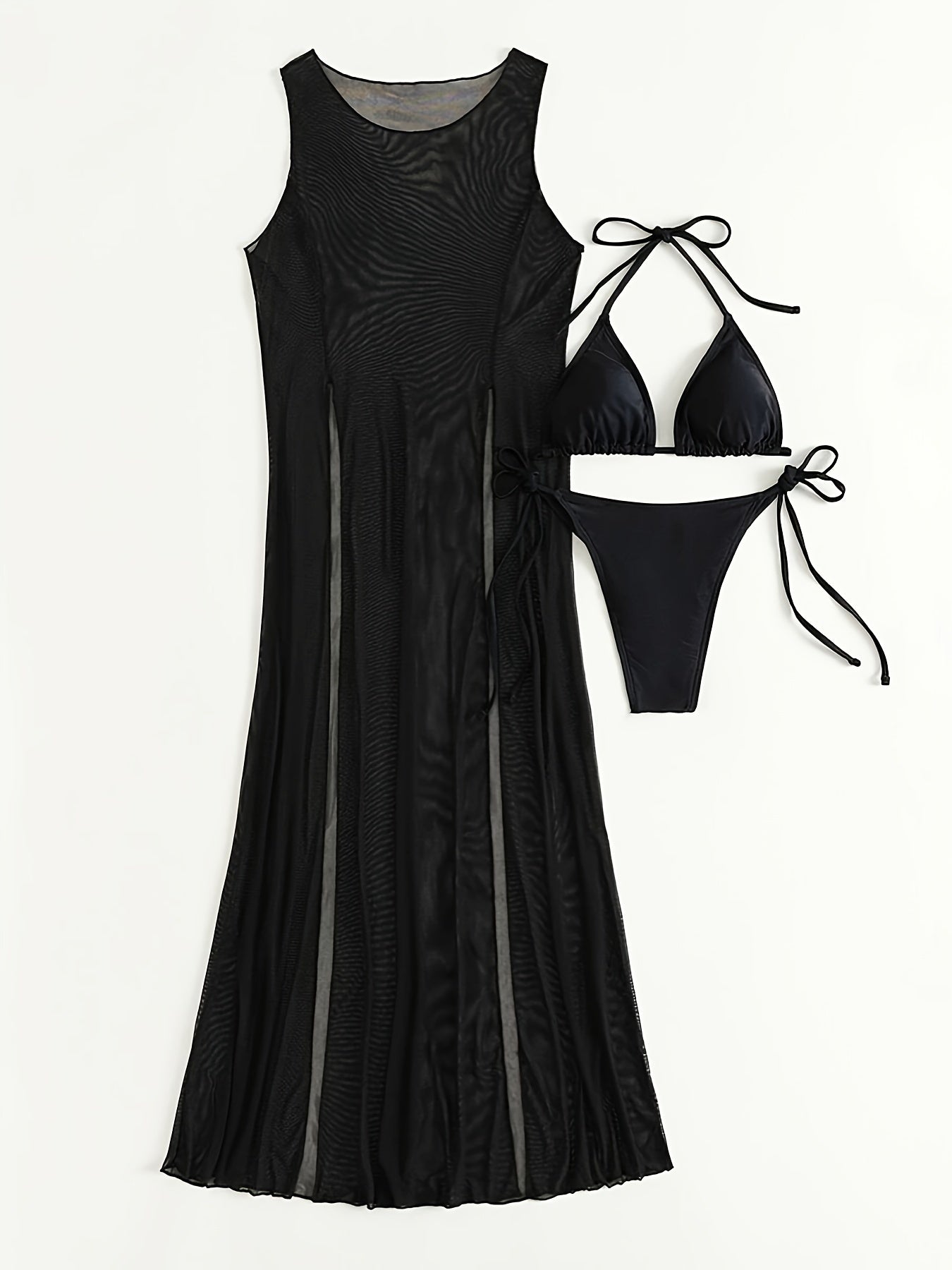 3-Piece Semi-Sheer Mesh Cover-Up Bikini Set - Long Skirt, Halter Neck Top, Side-Tie Bottoms, Black, Womens Beachwear for Summer - Stylish, Comfortable, and Versatile Swimwear
