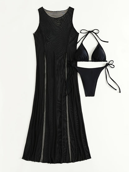 3-Piece Semi-Sheer Mesh Cover-Up Bikini Set - Long Skirt, Halter Neck Top, Side-Tie Bottoms, Black, Womens Beachwear for Summer - Stylish, Comfortable, and Versatile Swimwear