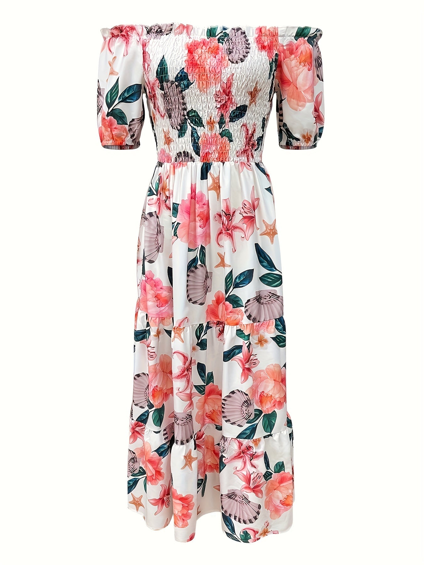 Gradient Print Tiered Dress, Casual Off Shoulder Shirred Party Dress, Women's Clothing