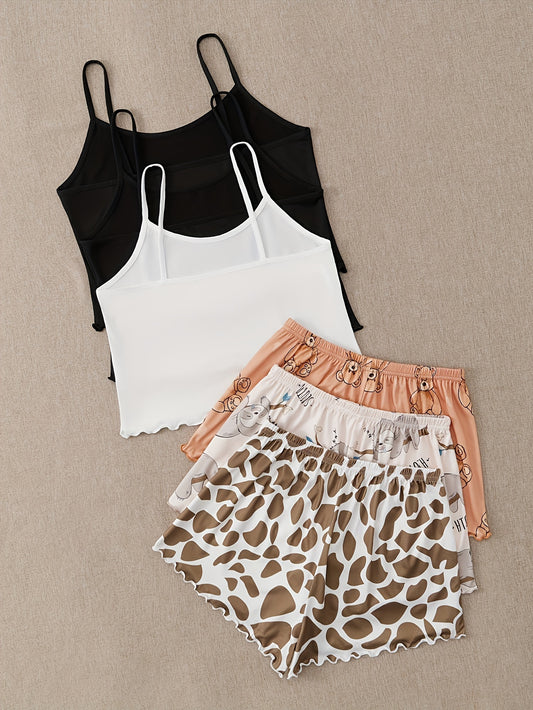 3 Sets Cartoon Print Pajama Set - Ultra-Relaxed Fit, Vibrant Print, Crew Neck Cami Top, Elastic Shorts - Womens Sleepwear & Loungewear with Lettuce Trim for Ultimate Comfort