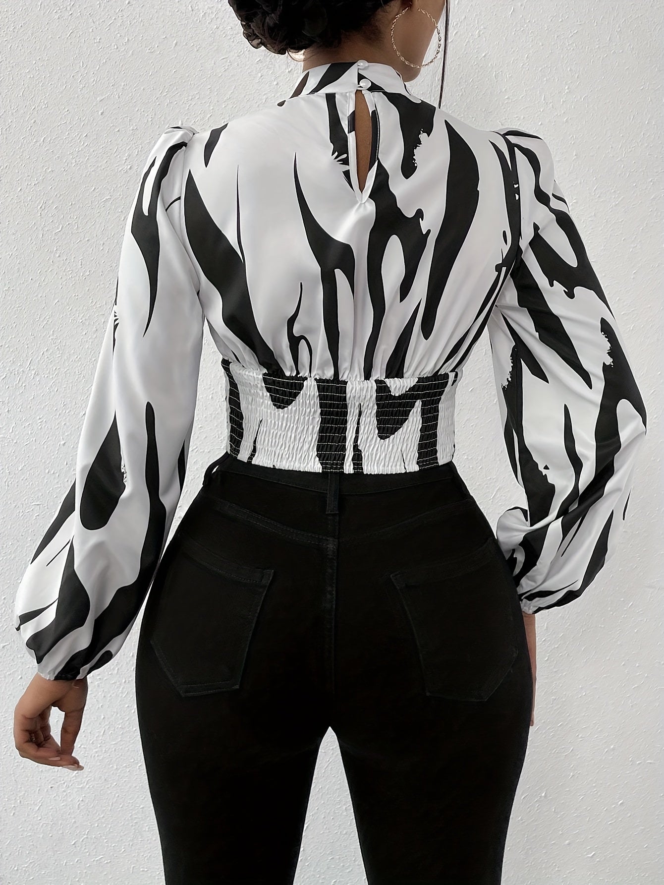 Graphic Print Mock Neck Crop Blouse, Elegant Long Sleeve Cut Out Shirred Blouse, Women's Clothing