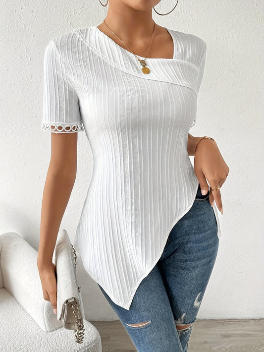 Stunning Asymmetric Hem Lace Blouse - Elegant Short Sleeve Ribbed Top for Spring & Summer, Chic Womens Clothing with Contrast Lace Detail, Perfect for Casual Outings and Outdoor Activities
