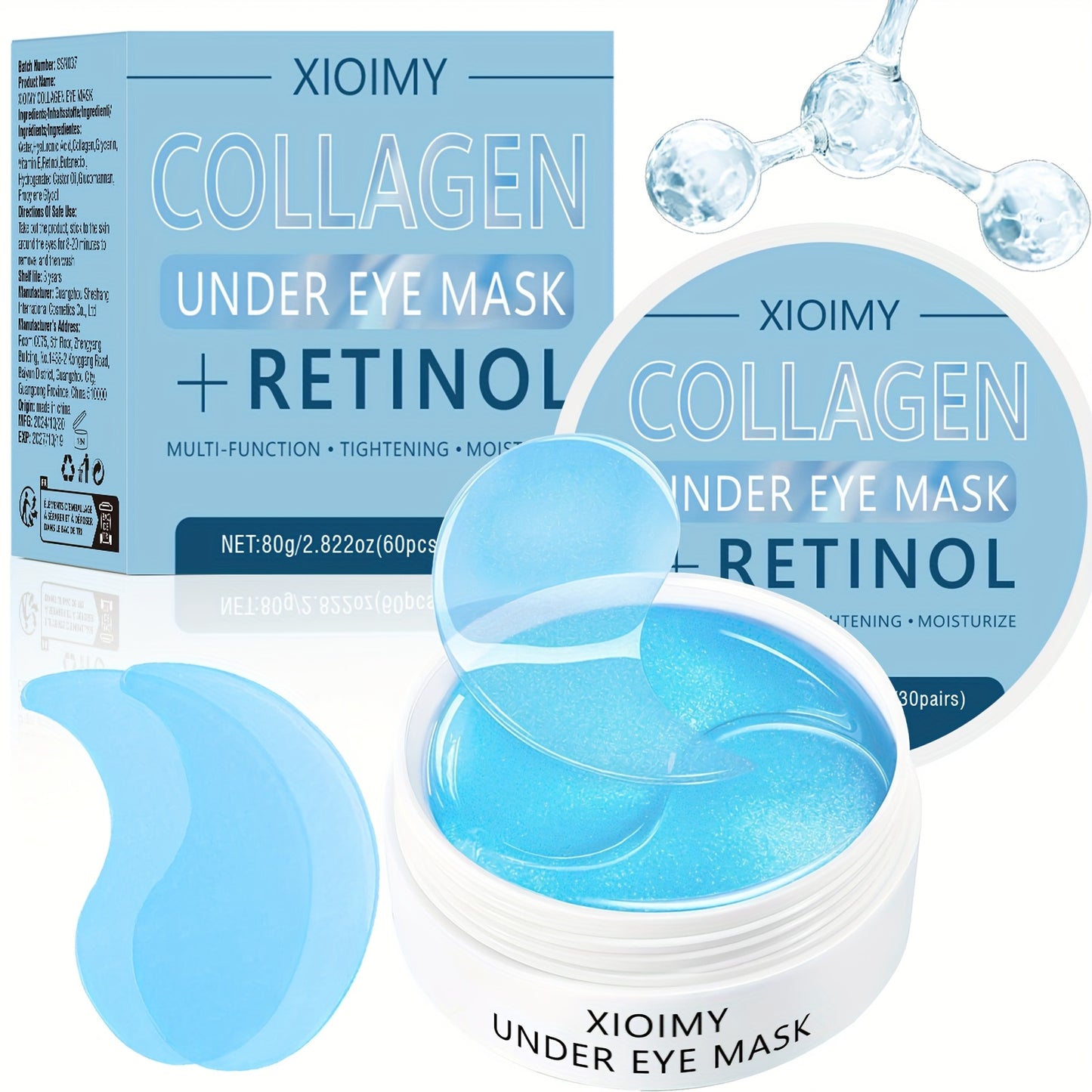 60pcs Xioimy Collagen & Retinol Under Eye Masks - Hypoallergenic Multi-Functional Gel Eye Patches for Tightening, Moisturizing & Firming - European Specialized Skincare for All Light Beige Types, Men & Women, Eye Patches Skin
