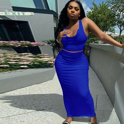 Trendy Two-Piece Set - Sexy Scoop Neck Sleeveless Tank Top & Flowy Bag Hip Maxi Skirt Outfit - Comfortable, Versatile, and Chic Women's Clothing for Everyday Wear