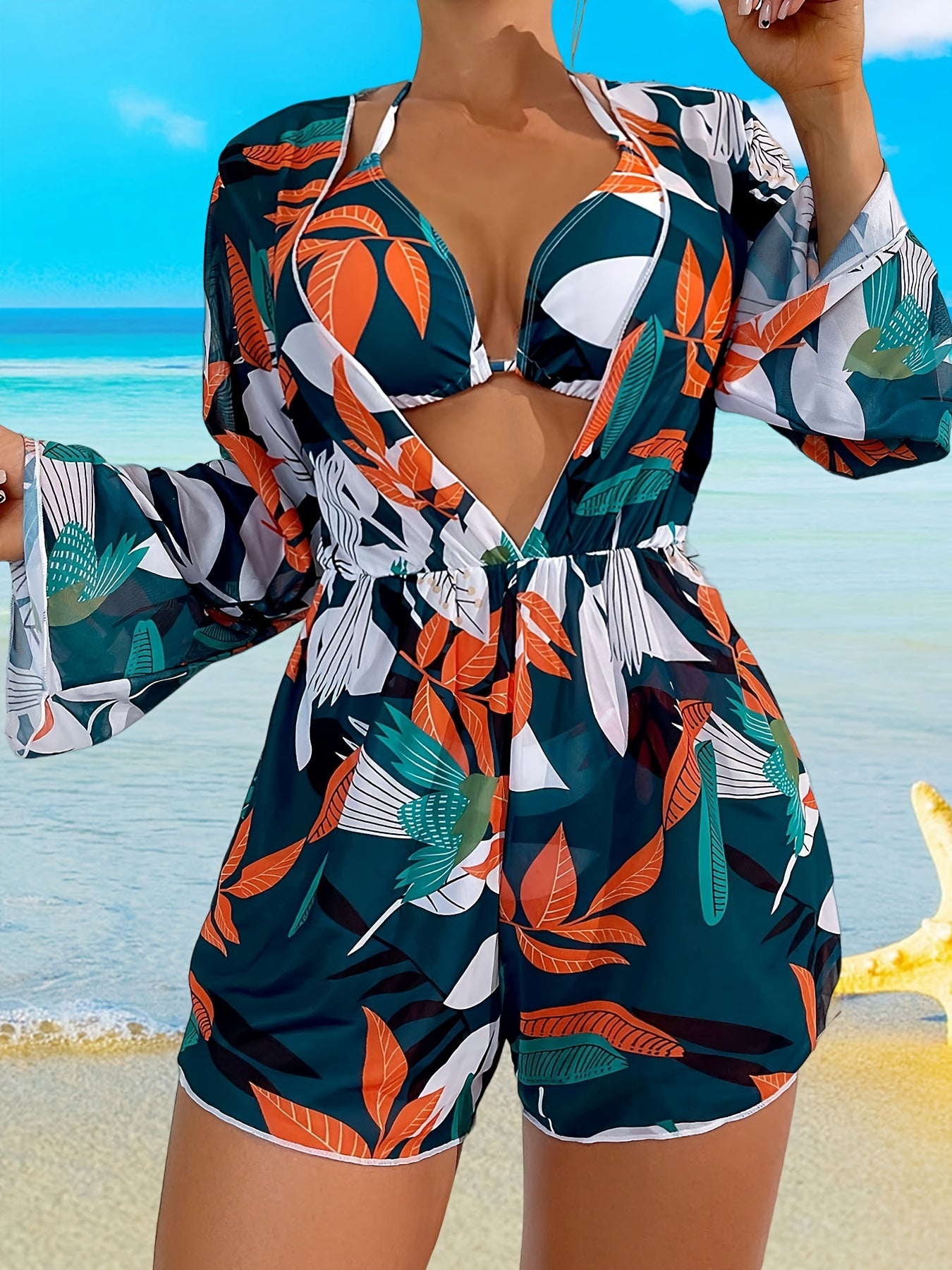 Women's Fashion Bikini Swimwear, Women's Sexy Printed Three-Piece Swimsuit With Cover-Up, Tropical Leaf Design