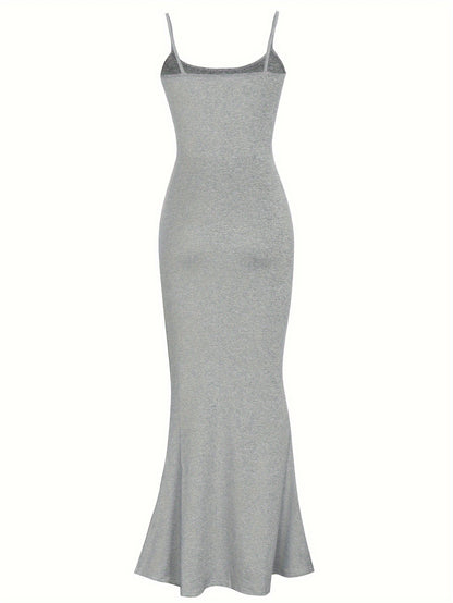 Elegant Solid Slip Lounge Dresses, Scoop Neck Bodycon Maxi Mermaid Dress, Women's Loungewear & Dresses