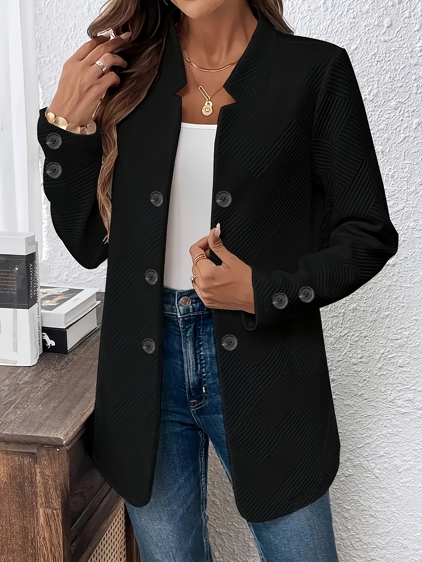 Women's Casual Solid Color Double-Breasted Long Sleeve Jacket with Pockets, Polyester Knit Fabric, Open Front Collar - All Seasons, Allseason Jacket | Doublebreasted Jacket | Stylish Jacket