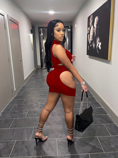 Women'S Sexy High Neck Cut-Out Mini Dress - Black Bodycon with Thigh-High Slit, Strappy Sandals & Clutch, Perfect for Summer Parties & Events, Party Attire | Sexy Bodycon Dress | Highneck Design