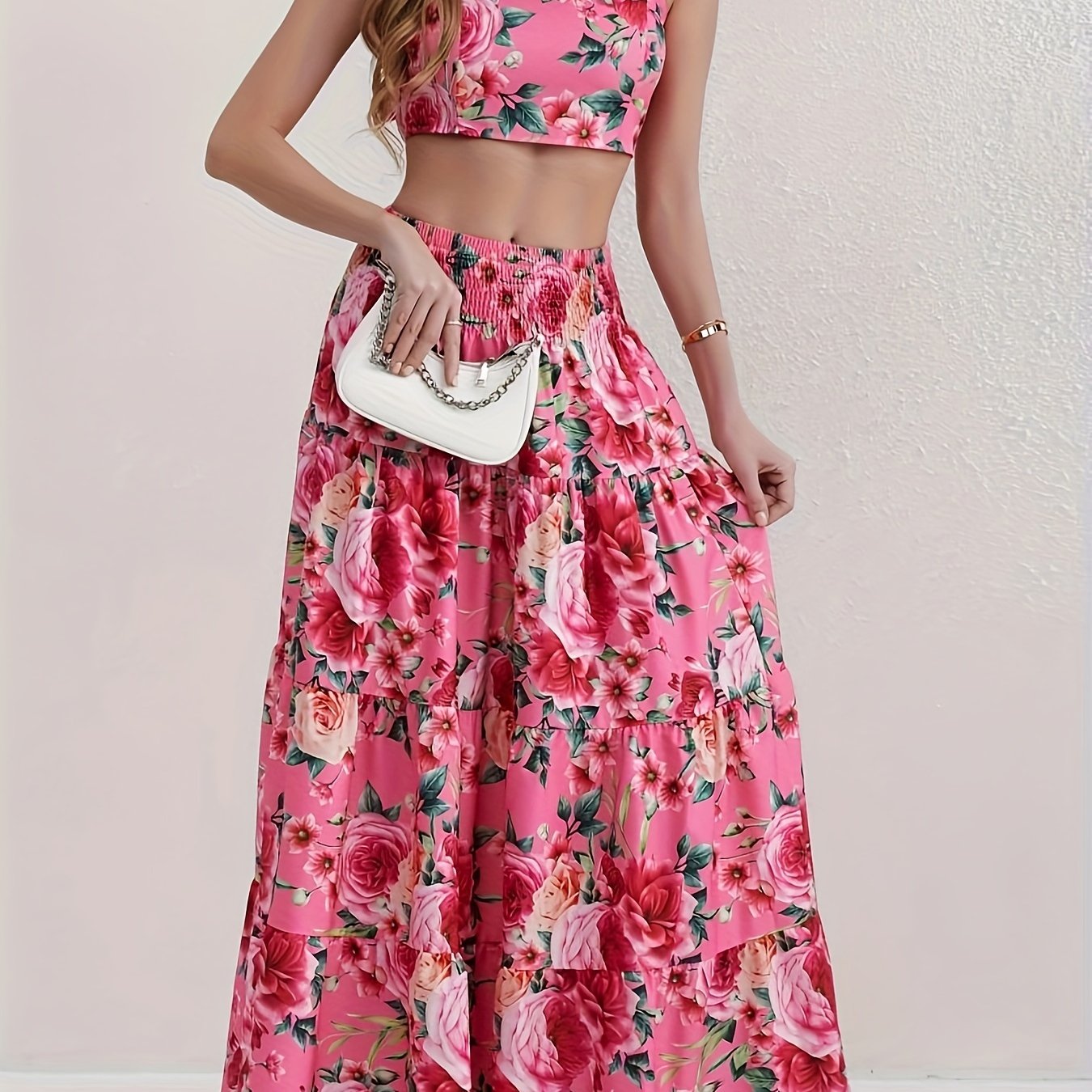 Vacation Style Floral Print Two-piece Set, Ruffle Trim Crop Top & High Waist Swing Skirt Outfits, Women's Clothing