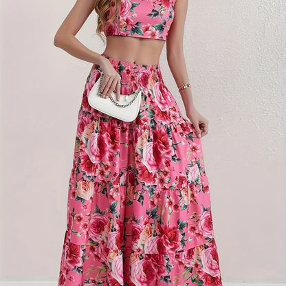 Vacation Style Floral Print Two-piece Set, Ruffle Trim Crop Top & High Waist Swing Skirt Outfits, Women's Clothing