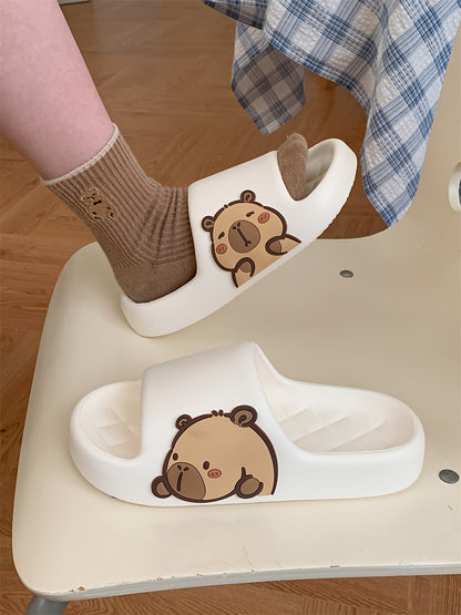 XIXITIAO Cute Cartoon Bear EVA Slides for Men & Women - Non-Slip Summer Slippers, White with Adorable Brown Bear Design, Lightweight & Comfortable for Indoor/Outdoor Use, Casual Wear | Playful Design | Slipresistant Sole, Bea