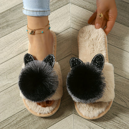 [Cute Slippers] Soft Women's Slip-On Slippers | All-Season Indoor House Shoes with Plush Faux Fur Trim & Sparkling Embellishments - Cute Slippers, Loungewear Essentials, Playful Design, Durable EVA Sole