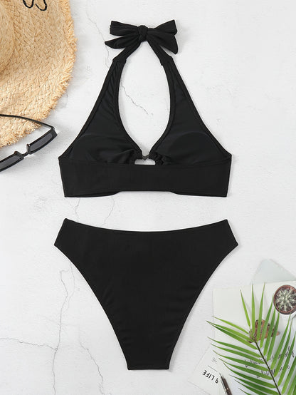 Women's Ribbed Textured Bikini Set With Bow Tie Halter Top And High Cut Bottoms, Heart-Linked Two Pieces, Beachwear, Swimwear