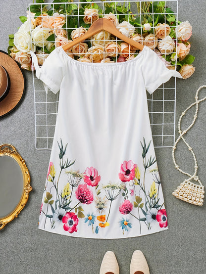 Floral Print Off Shoulder Dress, Elegant Short Sleeve Elastic Trim Dress For Spring & Summer, Women's Clothing