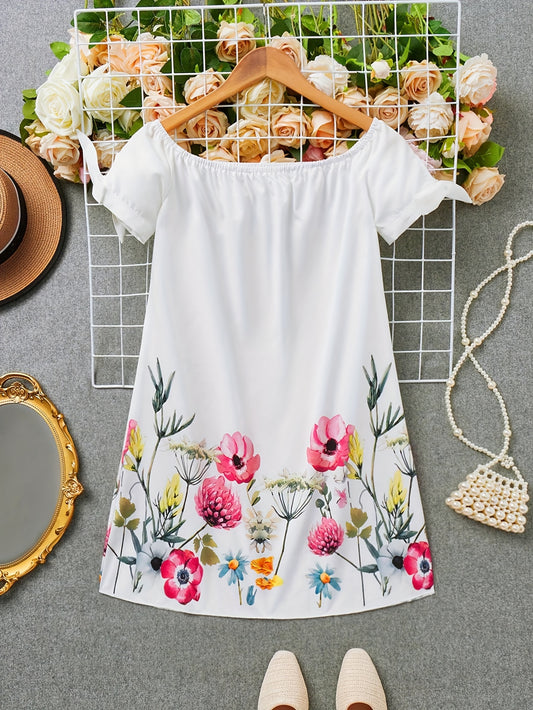 Floral Print Off Shoulder Dress, Elegant Short Sleeve Elastic Trim Dress For Spring & Summer, Women's Clothing