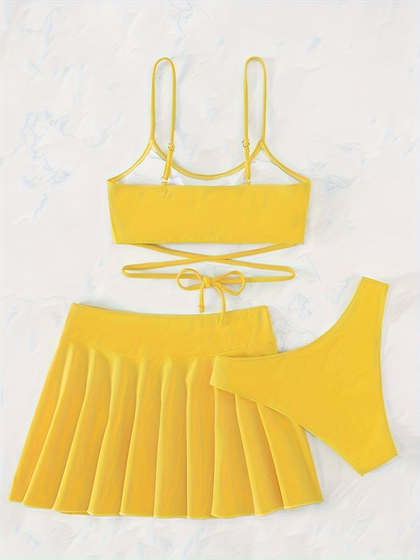 Elegant Solid-Color 3-Piece Swimwear: Cross-Strap Bikini & Pleated Skirt Cover-Up - Comfortable, Stretchy, and Durable