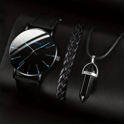 Elegant Men's Quartz Watch with Matching Bracelet and Necklace