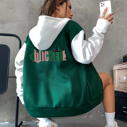 1pc Women'S Casual Polyester Hoodie with "WICKED" Print, Fall/Winter Letter Pattern, Drawstring Hood, Knit Fabric, Zip-Up Sweatshirt with Pockets, Hooded Jacket Top