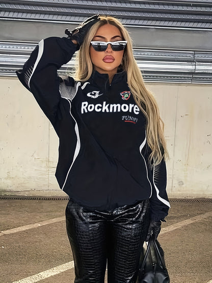 Retro Streetwear-Inspired Women's Casual Jacket - Loose Fit, High Neck Zip-Up With Vintage Print Design For Fall/Winter