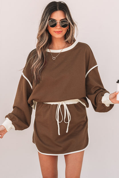 Coffee Color Contrast Loose Pullover and Lace-up Waist Skort Set