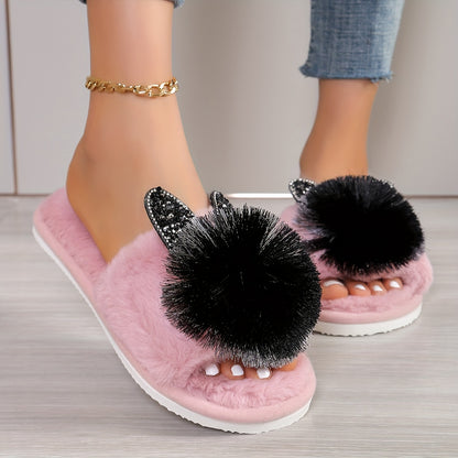 [Cute Slippers] Soft Women's Slip-On Slippers | All-Season Indoor House Shoes with Plush Faux Fur Trim & Sparkling Embellishments - Cute Slippers, Loungewear Essentials, Playful Design, Durable EVA Sole
