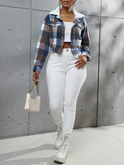 Button Plaid Faux Fur Collar Jacket, Casual Long Sleeve Crop Jacket For Fall & Winter, Women's Clothing