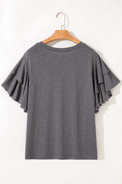 Dark Grey Double Ruffled Short Sleeve Plus Size Top