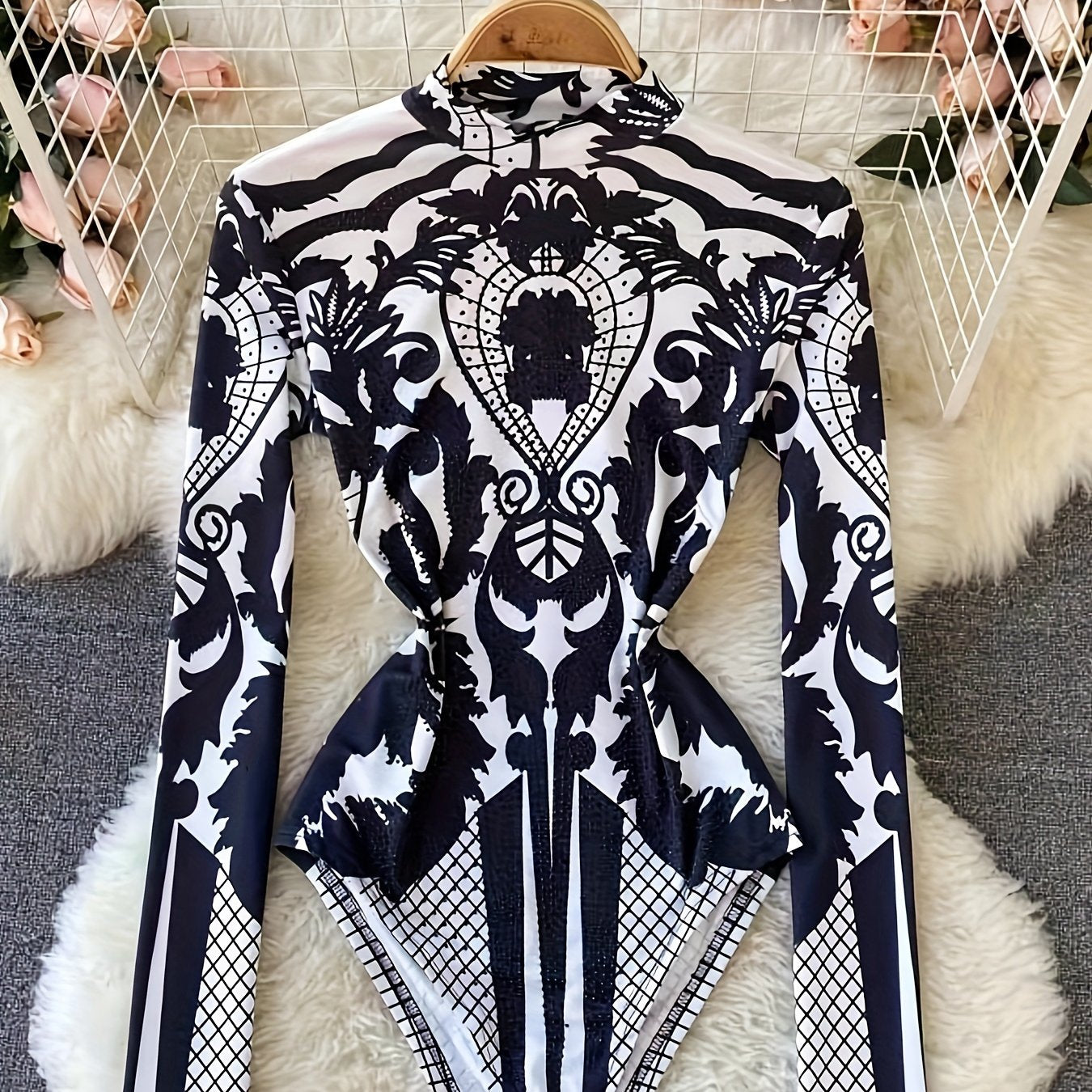 Women'S Tropical Print Bodysuit with Rhinestone Detail - Slim Fit, Stand Collar, Long Sleeve, All-Season Versatile Jumpsuit for Casual or Stylish Outfits, Stylish Outfit Bodysuit | Stand Collar Top | Polyester Fabric, Bodysui