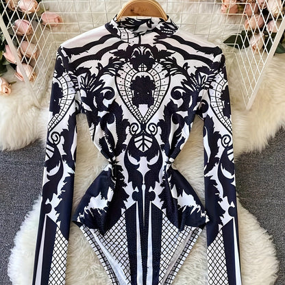 Women'S Tropical Print Bodysuit with Rhinestone Detail - Slim Fit, Stand Collar, Long Sleeve, All-Season Versatile Jumpsuit for Casual or Stylish Outfits, Stylish Outfit Bodysuit | Stand Collar Top | Polyester Fabric, Bodysui