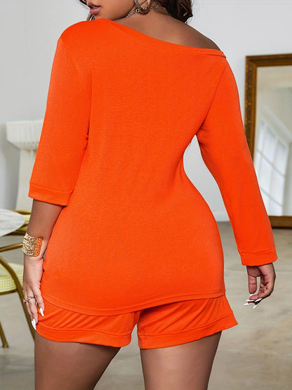 Chic Faith Printed Women's 2-Piece Set – Off-Shoulder Tee & Comfy Drawstring Shorts for Casual Wear