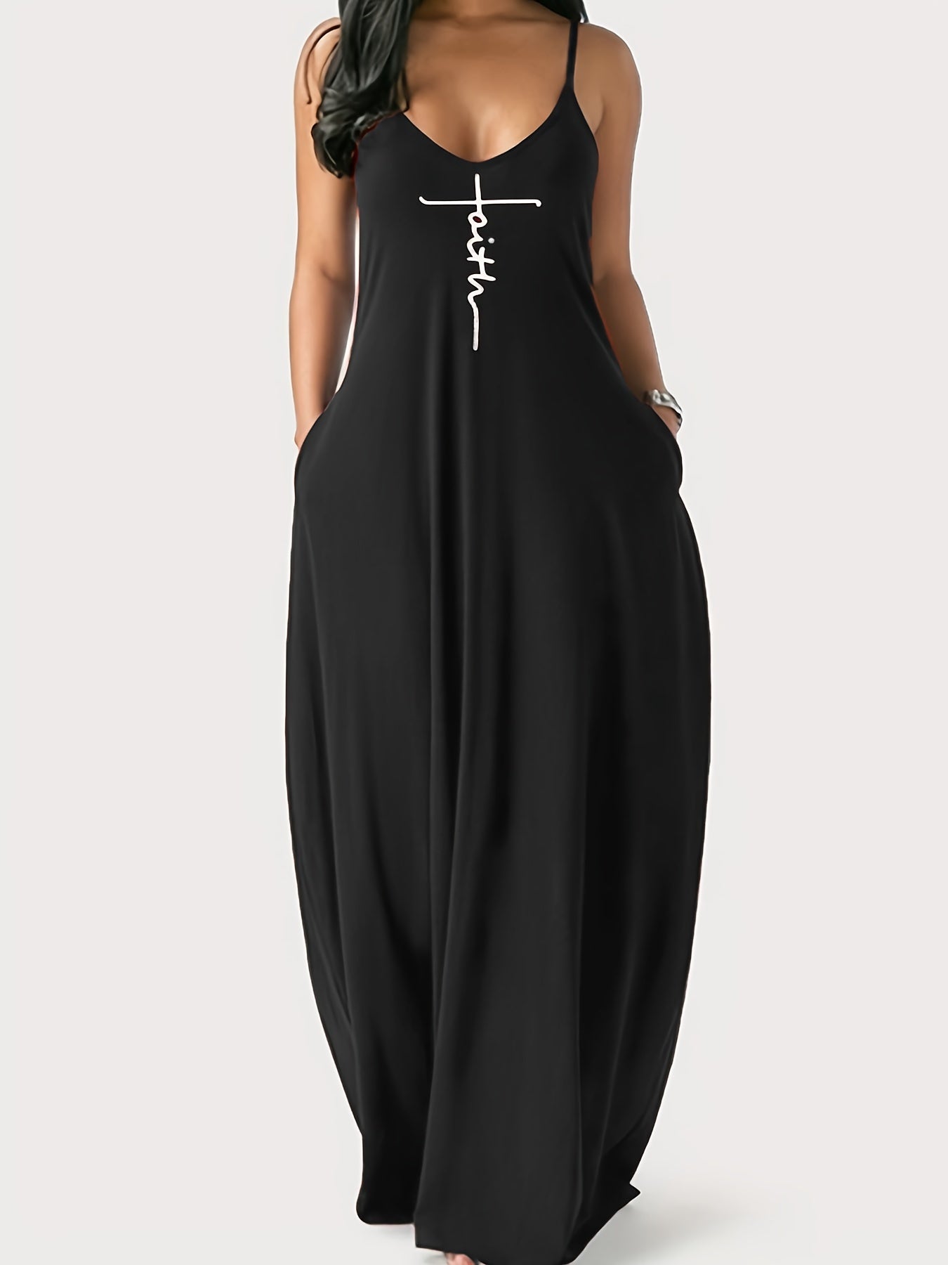 Faith Print Backless Dress, Casual Spaghetti Strap V Neck Loose Dress, Women's Clothing