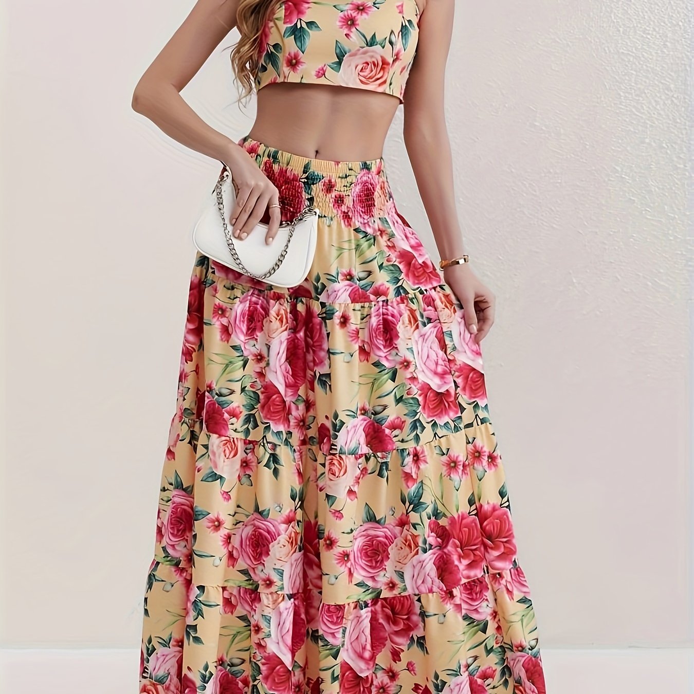 Vacation Style Floral Print Two-piece Set, Ruffle Trim Crop Top & High Waist Swing Skirt Outfits, Women's Clothing