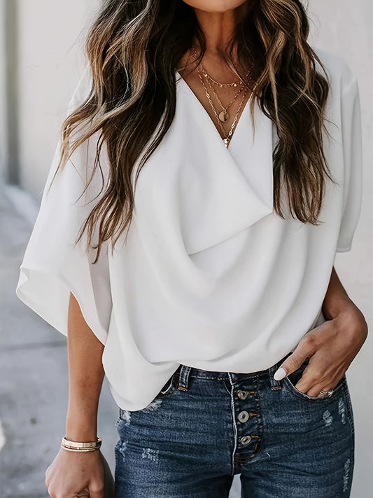 Stylish Asymmetrical Blouse - V-Neck, Short Sleeve, Collarless, Solid Color, Polyester, Casual, Elegant, Woven, All-Season Top for Women - Perfect for Daily Wear, Work, or Date Night